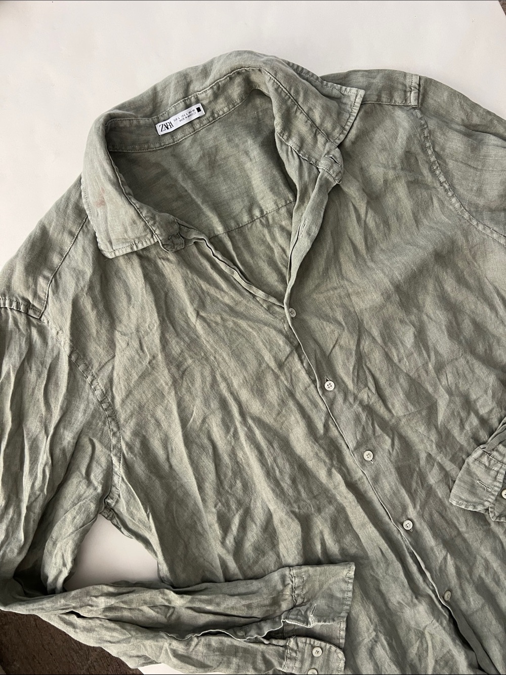 Zara Sage Green Lightweight 100% Linen Button Down Long Sleeve Top Large - Picture 4 of 6